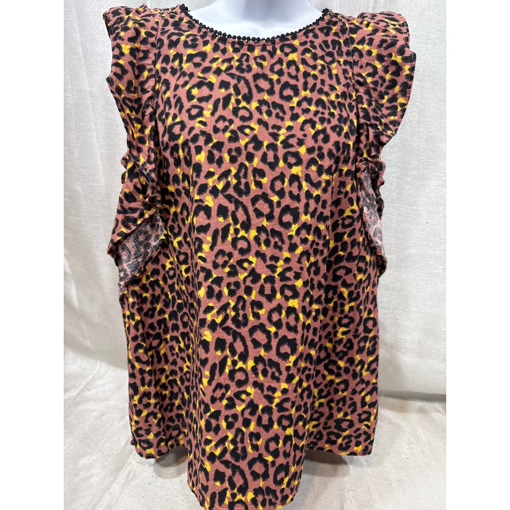 Loft Womens Medium Pink‎ Leopard Print Ruffle Sleeve Cotton Blouse Back Cutout